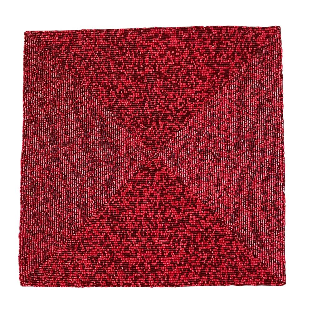 TAHARI Holiday Red Beaded Placemat 14in Square Chic Christmas Designer Decor New
